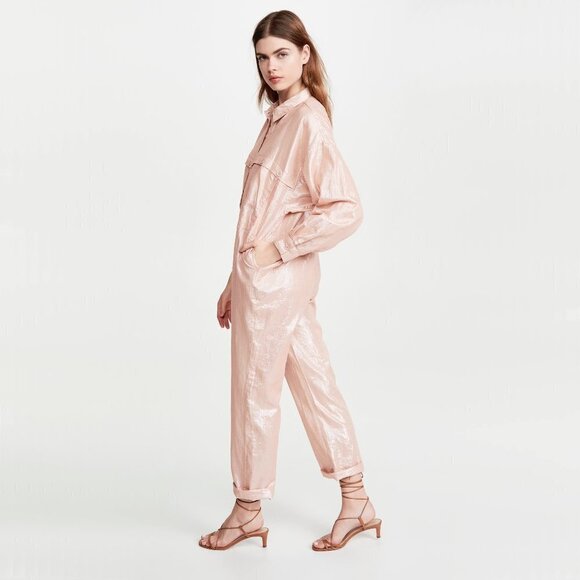NWT Kondi pink & metallic thread cotton blend utility jumpsuit, XS - Picture 1 of 8